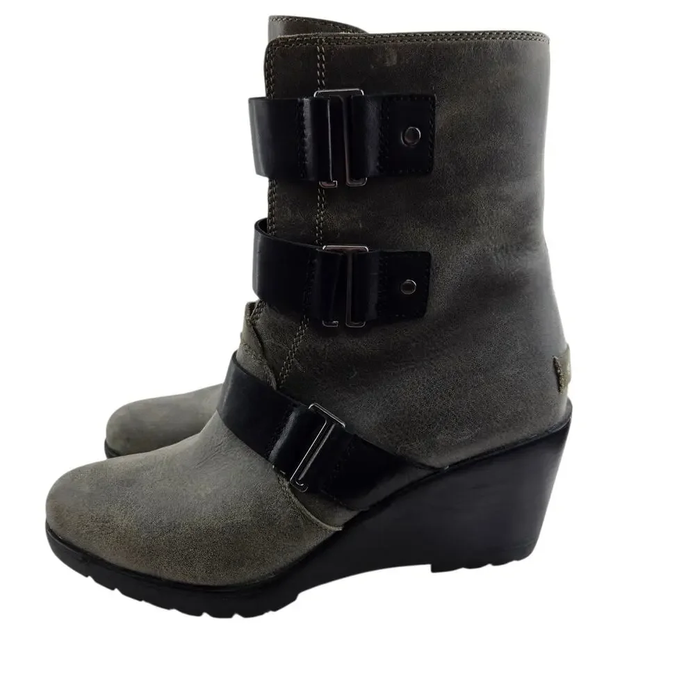 Sorel After Hours Wedge Booties Womens 10 Gray Black Leather Moto Biker Mid Calf